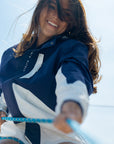 Stylish blue and white Equinox Hotels sailing jacket.